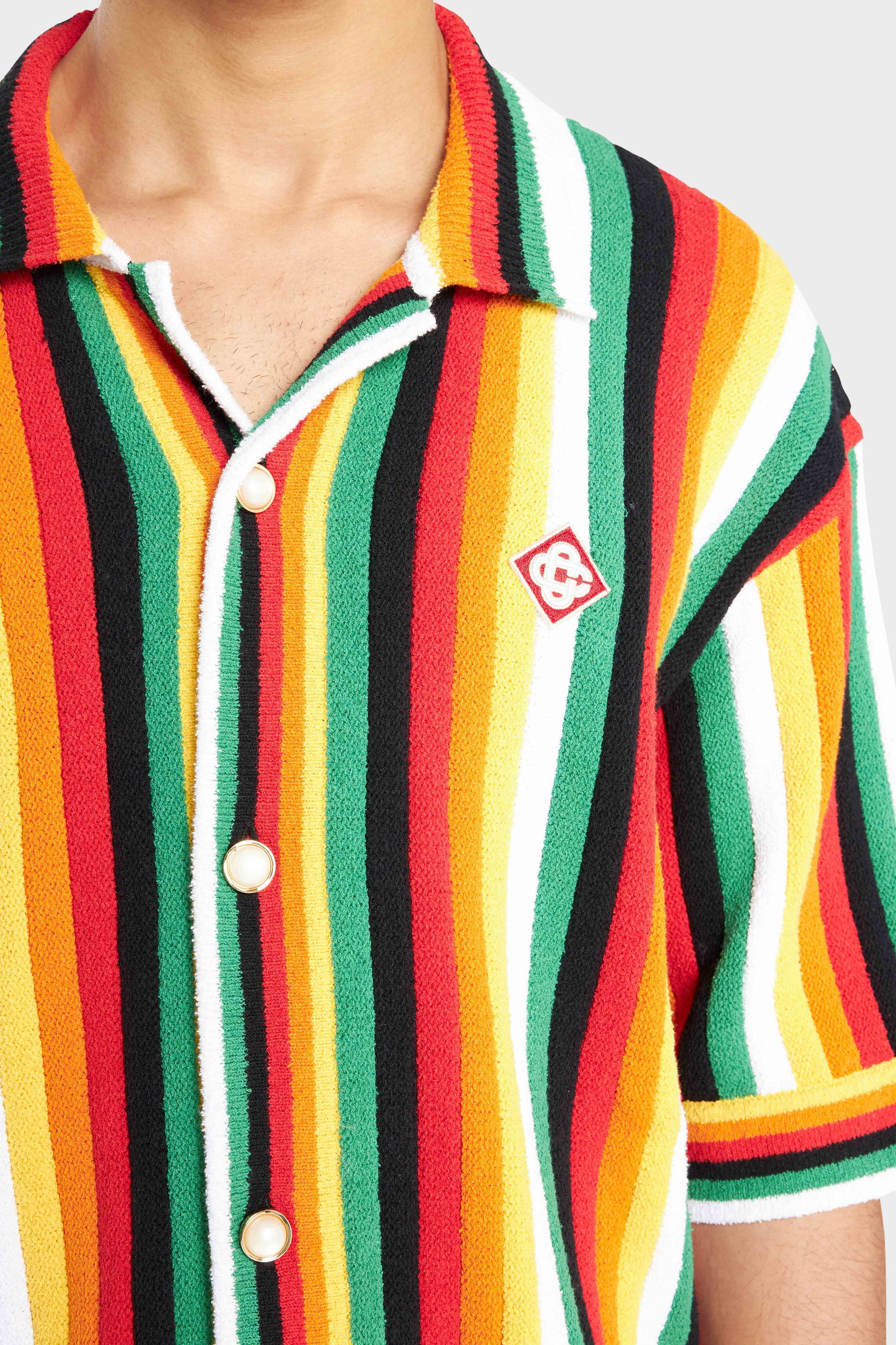 Camp-Collar Logo-Appliquéd Striped Cotton-Blend Terry Shirt
